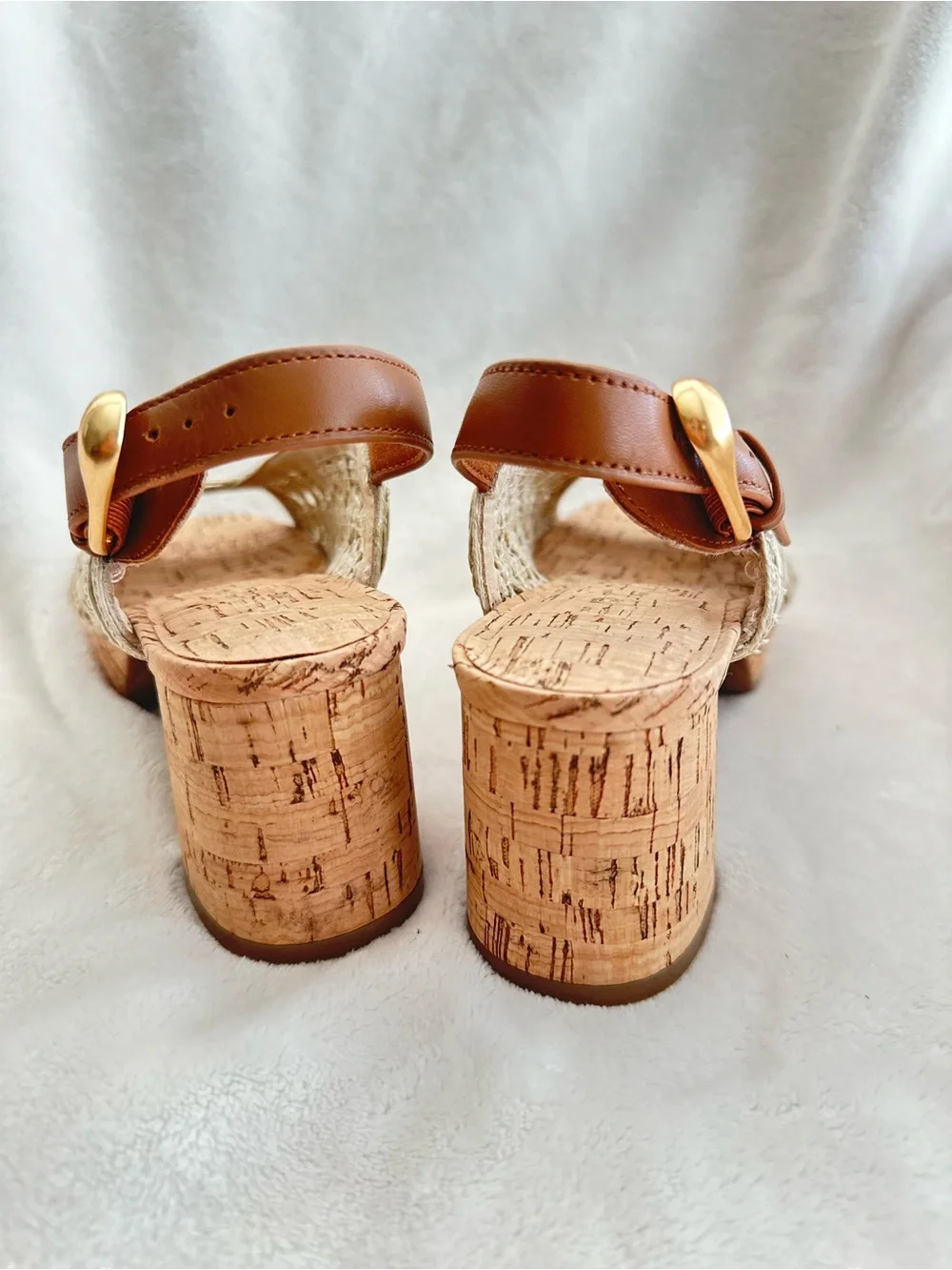 AEROSOLES Cream Woven Cork Wedge Sandals with Tan Ankle Strap